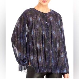 Vince Women’s Deco Floral Print Sheer Blouse Balloon Sleeves Large Oversized